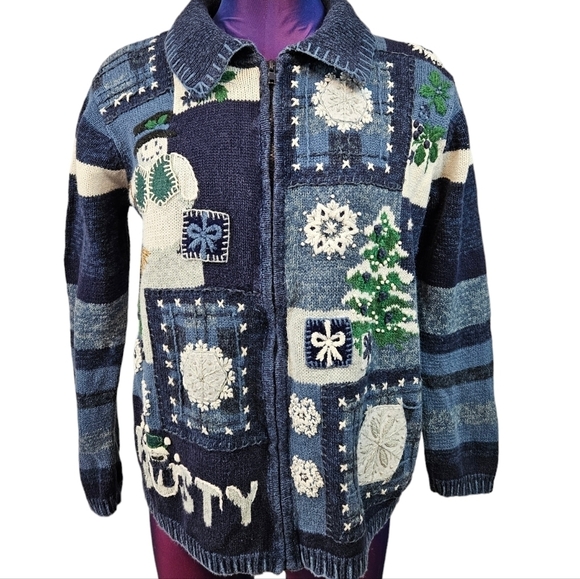 Tiara International Christmas Front Zip Sweater Snowman Patchwork Size Small - Picture 10 of 10